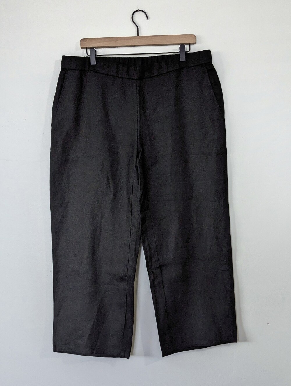 Eileen Fisher Organic Linen Pants Size L Black Elastic Waist Pockets